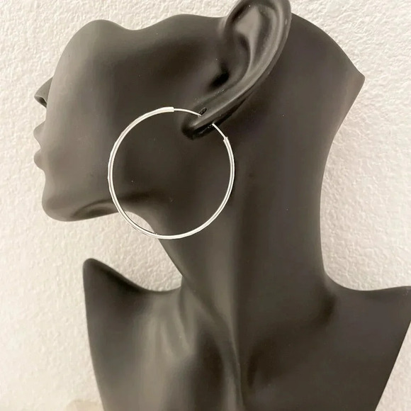 925 Sterling Silver Hoop Earrings Large Silver Hoops Diamond Cut Earrings - Picture 5 of 8